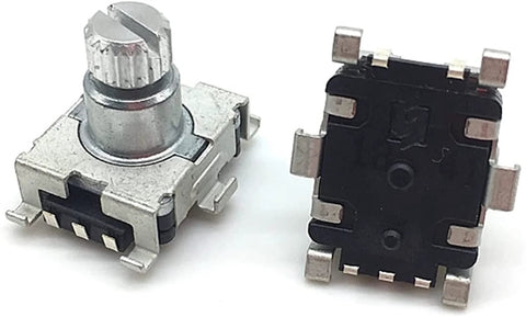 Two Pack EC11 Rotary Encoder With 30 Position Code Switch And Push Button SMD Type 5 Pin 9.5mm Plum Shaft, front and side view