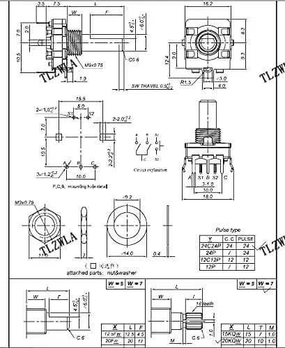 Technical diagram of 360 Degree Rotary Encoder Switch EC16 for Audio Coding with 5 Pin Long Handle, showing dimensions and specifications.
