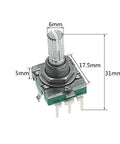 Close-up of 360 Degree Rotary Encoder Switch EC16 with 5-pin, 20mm handle, metal shaft for audio coding and DIY projects.