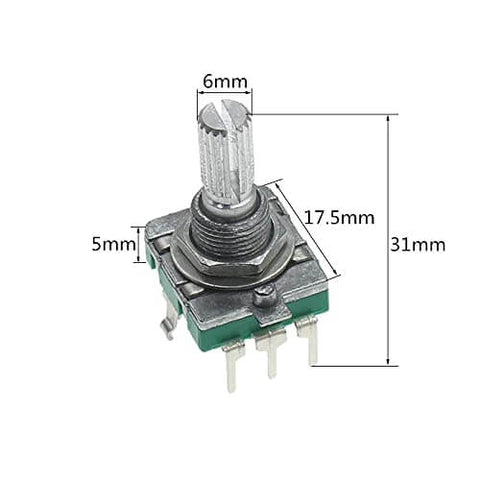 Close-up of 360 Degree Rotary Encoder Switch EC16 with 5-pin, 20mm handle, metal shaft for audio coding and DIY projects.