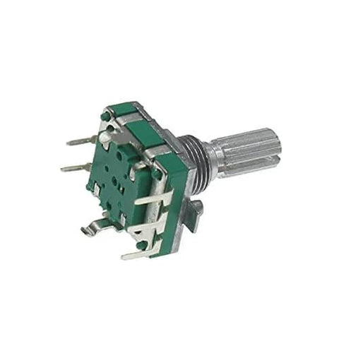 360 Degree Rotary Encoder Switch EC16 for Audio Coding, 5 Pin, Long Handle, 20mm Push Switch, Metal Shaft, Side View