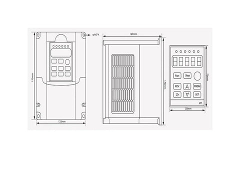 Technical drawing of frequency drive for Beefy ER11 Spindle Motor For CNC Mills And Routers, showing dimensions and control panel layout.