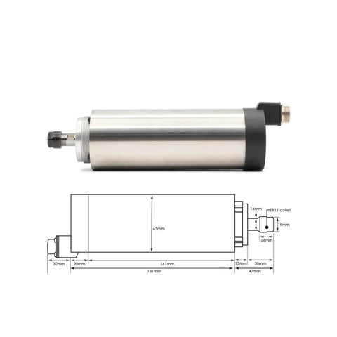 Beefy ER11 Spindle Motor For CNC Mills And Routers, 110V And 220V Dual Power, 800W, 65mm diameter side view with schematic