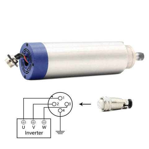 Beefy 1.5 Kw ER11 Air Cooled Spindle With Four Bearings, 24000 RPM, 65x204mm cooling and connector diagram for CNC milling and engraving.