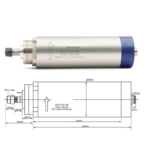 Beefy 1.5 Kw ER11 Air Cooled Spindle With Four Bearings, shown with dimension details, for CNC Milling and Engraving