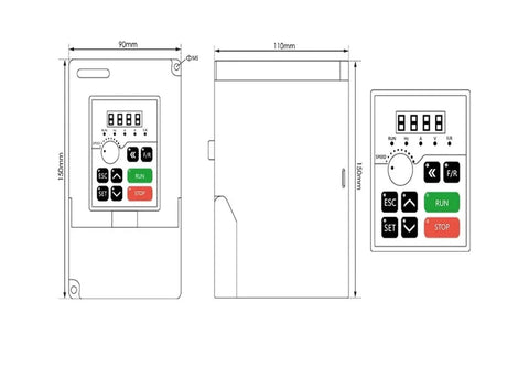 Dimensions and front view of control panel for ER25 Square Air Cooled Spindle Kit 220V 2.2kW With 0.01mm Runout Ceramic Bearings And Frequency Drive