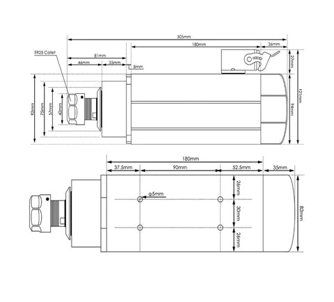 Technical drawing of ER25 Square Air Cooled Spindle Kit 220V 2.2kW with 0.01mm runout ceramic bearings for CNC routers and milling.