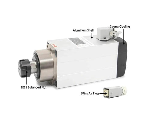 Front view of ER25 Square Air Cooled Spindle Kit 220V 2.2kW With 0.01mm Runout Ceramic Bearings And Frequency Drive