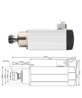 ER25 Square Air Cooled Spindle Kit 220V 2.2kW with 0.01mm runout ceramic bearings and frequency drive, detailed side view diagram.