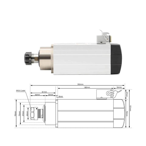 ER25 Square Air Cooled Spindle Kit 220V 2.2kW with 0.01mm runout ceramic bearings and frequency drive, detailed side view diagram.