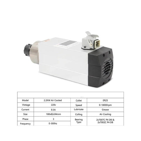 ER25 Square Air Cooled Spindle Kit 220V 2.2kW With 0.01mm Runout Ceramic Bearings And Frequency Drive