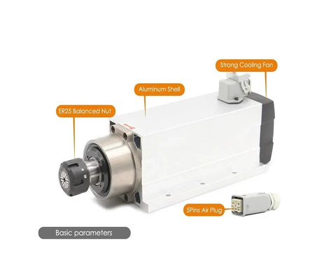 ER25 Spindle Motor For CNC Milling Rock Solid Air Cooled With Ceramic Bearings Square Type Flange 220V, ER25 nut, cooling fan visible