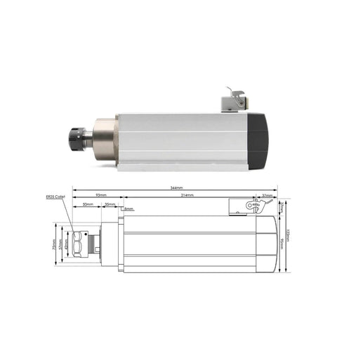 ER25 Spindle Motor For CNC Milling Rock Solid Air Cooled With Ceramic Bearings Square Type Flange 220V with technical diagram.