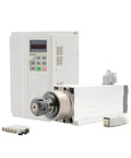 ER25 CNC Spindle Motor with Ceramic Bearings, Beefy 3.5 kW Air Cooled, VFD Inverter, and connectors displayed together