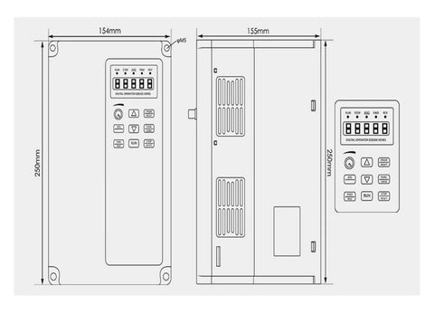 Technical diagram of 3.7 kW VFD inverter for ER25 CNC Spindle Motor With Ceramic Bearings, showing dimensions and detailed specifications.