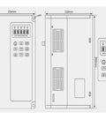 Diagram of 3.7KW VFD Inverter 380V for ER25 Air Cooled CNC Spindle With 3.5KW Motor, dimensions labeled, front and side views shown.