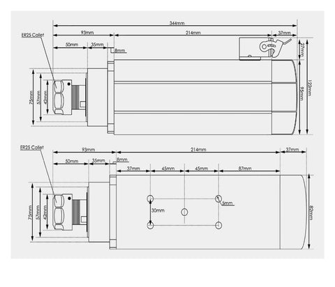 Technical schematics of the ER25 Air Cooled CNC Spindle With 3.5KW Motor Four Bearings And Ceramic Ball Bearings Plus 3.7KW VFD Inverter 380V.