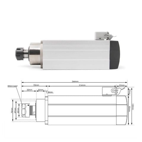 Side view of ER25 Air Cooled CNC Spindle with 3.5KW Motor, four ceramic bearings, and 3.7KW VFD Inverter for high-speed milling.