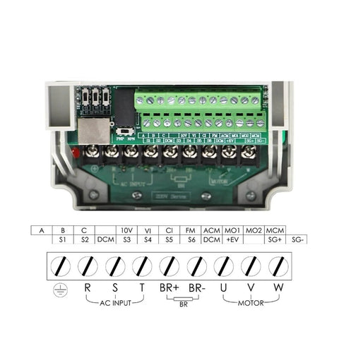 ER25 2.2kW Spindle for CNC Milling inverter connection board, showing wiring terminals and labels for 220V high speed spindle.