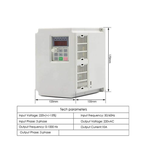 Side view of inverter for ER25 2.2kW Spindle for CNC Milling, showing dimensions and tech parameters.