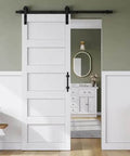 28x84 Sliding Barn Door With Waterproof PVC Coating, Durable MDF Core, Easy Glide Track and Hardware Kit in small bathroom space