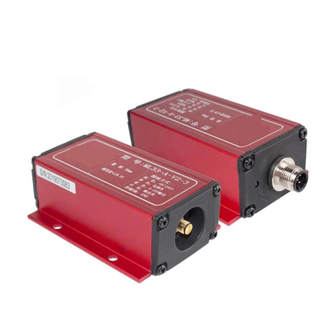 Non Contact Eddy Current Displacement Sensor 1 To 50mm Range 0 To 10V Output 24V DC Powered, red casing with connectors