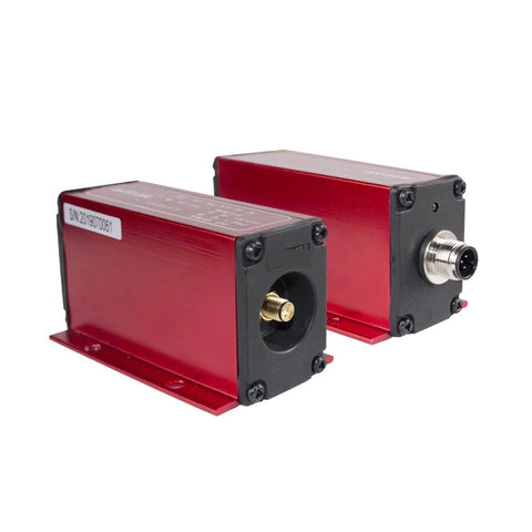 Eddy Current Displacement Sensor ML33-B-A With 4-20mA Output, red casing, front and back view, non-contact measurement device for conductive materials.