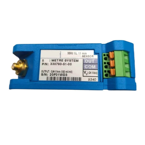 Eddy Current Displacement Sensor 330780-51-00 for precision motion sensing in industrial automation, blue casing, side view