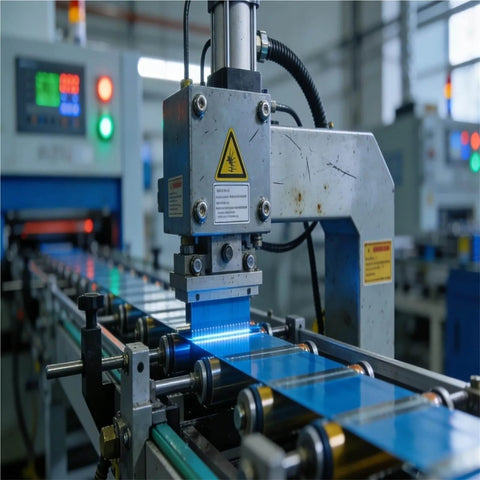 Industrial machinery with metal components and control panels in a factory setting, showcasing Pro Grade High Precision Eddy Current Displacement Sensor Set.