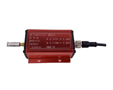 Eddy Current Displacement Sensor ML33-A-A 25mm Range With RS485 Output, red casing, stainless steel, connected for industrial use.