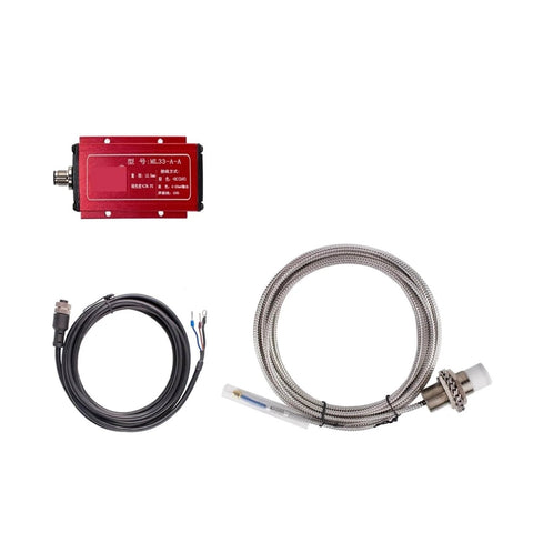 Eddy Current Displacement Sensor ML33 A V2 25mm Non Contact Position Sensor components with cables and stainless steel housing.