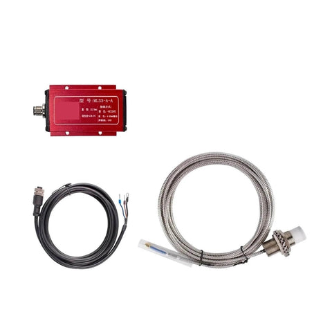 Next Gen Eddy Current Displacement Sensor ML33 A 12.5 Stroke showing sensor unit with cables, stainless steel housing for industrial use.