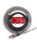 Non Contact Eddy Current Displacement Sensor 4-20mA Signal, stainless steel body, coiled cable, pro grade transducer, close-up view