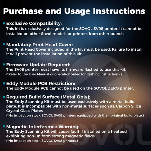 Purchase and usage instructions for Eddy Current Scanning Module Kit For SV08 3D Printer, Klipper Ready, Metal Platform Required, Not Compatible With Marlin Or Non Metal Surfaces, Precision Bed Scanning Accessory For Accurate Prints