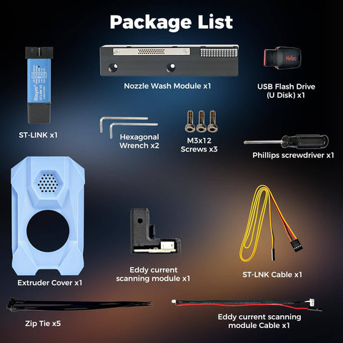 Package contents of Eddy Current Scanning Module Kit For SV08 3D Printer, Klipper Ready, Metal Platform Required; various components displayed.