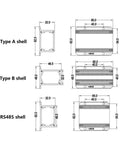 Technical diagram of Type A, B, and RS485 shell dimensions for Go To Eddy Current Sensor Induction Type 4 mm to 5 mm Linear Displacement Transducer.