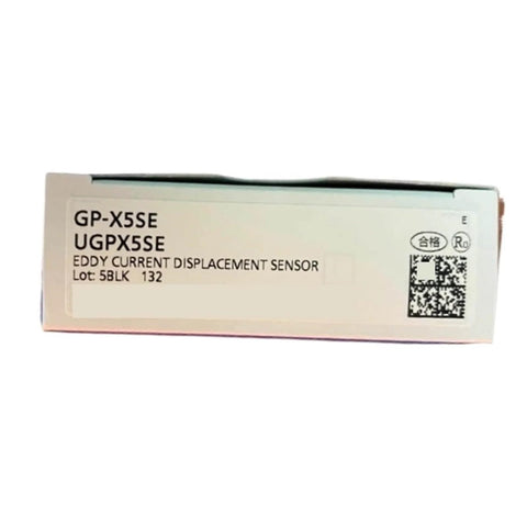 Box of Eddy Current Digital Displacement Sensor GP X5SE No Contact Distance Sensing, showing product label and QR code.