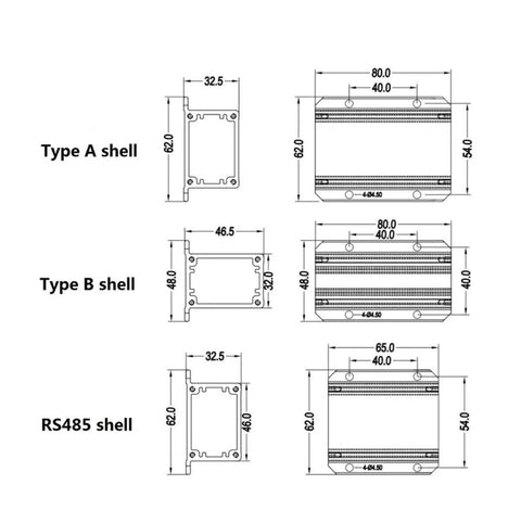 Technical diagram of Type A, Type B, and RS485 sensor shell dimensions for Eddy Current Sensor Induction Type 4mm Or 5mm Linear Displacement Transducer.