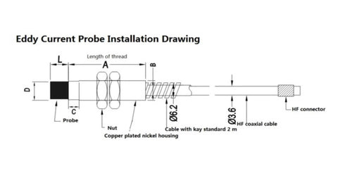 Eddy Current Sensor Induction Type 4mm Or 5mm Linear Displacement Transducer installation diagram with stainless steel housing details.