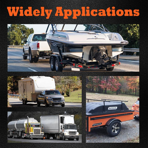 Collage of various trailers with text 'Widely Applications' showcasing versatility of 12 Inch Electric Trailer Brake Magnet Kit for 12x2 Trailer Brake Assembly