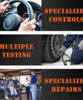 Collage of specialized controls, multiple testing, and specialized repairs in automotive workshop