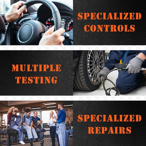 Collage of specialized controls, multiple testing, and specialized repairs in automotive workshop