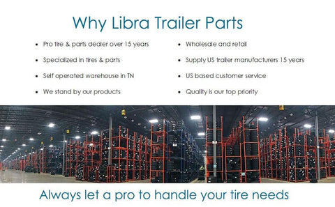 Interior view of Libra Trailer Parts warehouse with listed benefits, showcasing storage racks and highlighting tire expertise.
