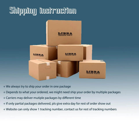 Shipping instructions with stacked boxes from Libra Trailer Parts, emphasizing packaging and handling details.