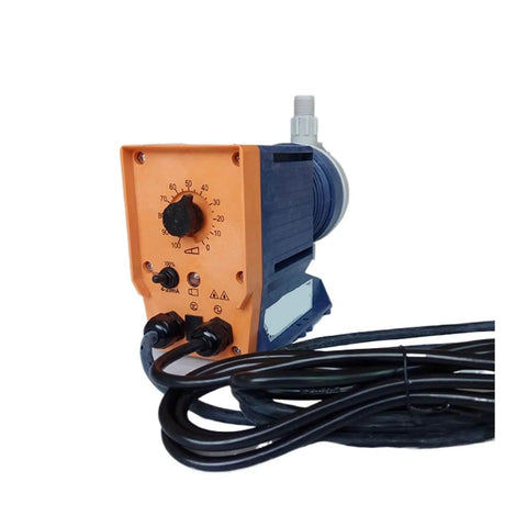 Front view of Conc1001 Series Electromagnetic Diaphragm Metering Pump with dials and wiring for liquid flow control.