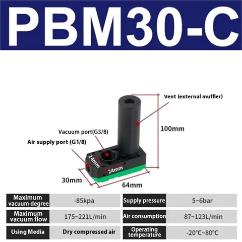 Dimensions and specifications of Mini Multi Stage Pneumatic Vacuum Generator PBM30-C for precision handling