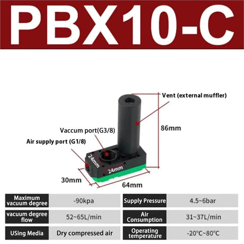 Compact Mini Multi Stage Vacuum Generator For Pneumatic Systems With Energy Saving Design, PBX10-C diagram and specifications