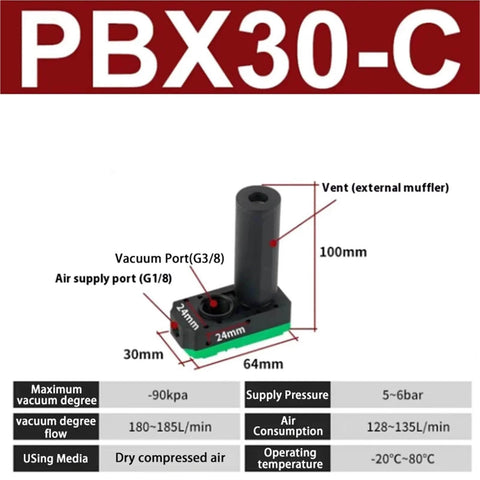 Compact Multi Stage Pneumatic Vacuum Generator With Energy Saving Design High Flow And Strong Suction For Industrial Shop Use Mini Vacuum Pump Ready For Pro Level Performance PBX PBM Series PBX30C Low Noise Quick Setup Durable, with measurements