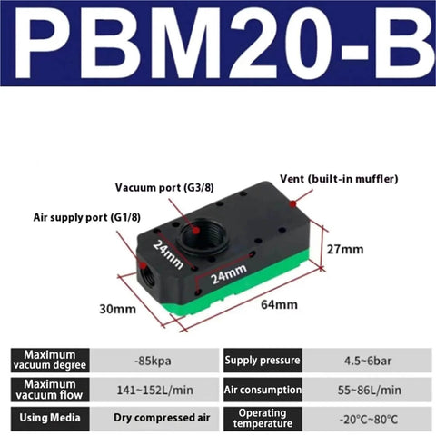 Compact Multi Stage Vacuum Generator With Energy Saving Design High Flow And High Suction For Industrial Use PBM20 B dimensions chart