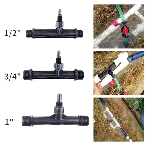 Three Size Fertilizer Applicator Set For Venturi Ejector And Automatic Drip Fertigation Devices displayed with 1/2, 3/4, 1 inch connectors